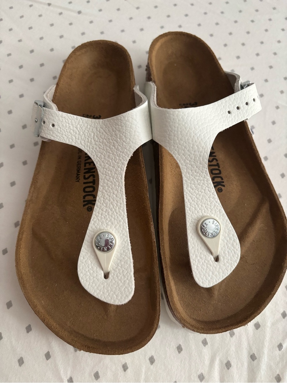 Birkenstock White Leather Gizeh Sandal with Silver Buckle
